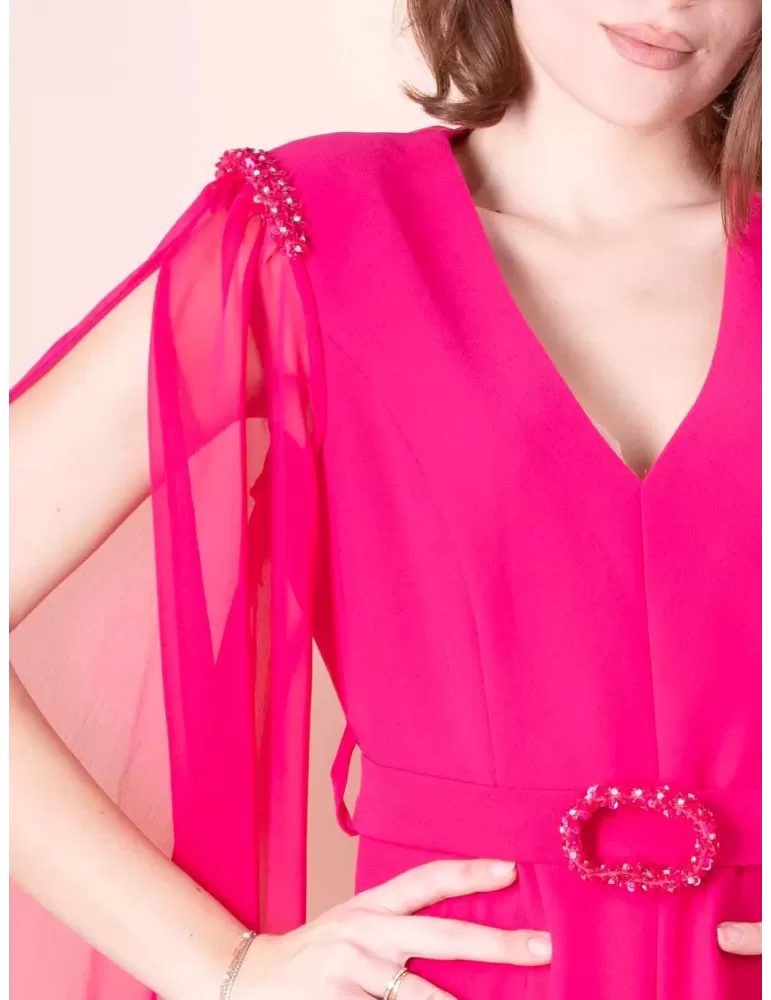 Sonia Pena fuchsia long formal dress with silk sleeves