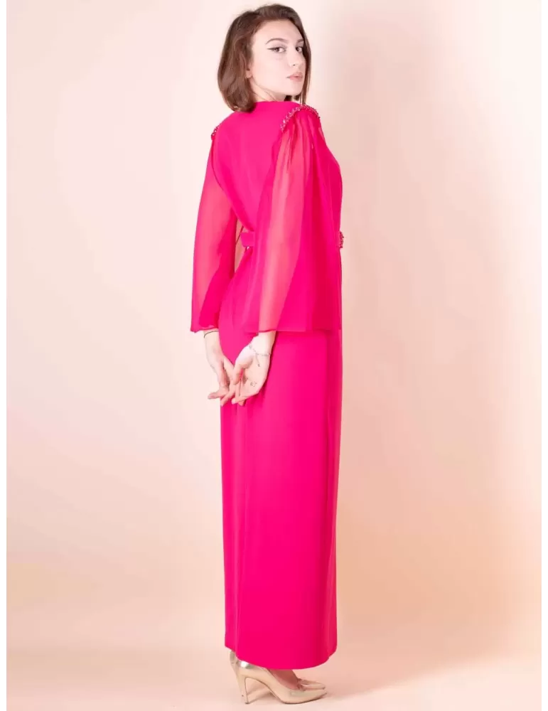 Sonia Pena 1230008 | Fuchsia long formal dress with silk sleeves