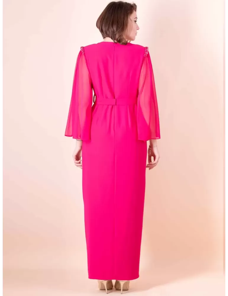 Sonia Pena 1230008 | Fuchsia long formal dress with silk sleeves