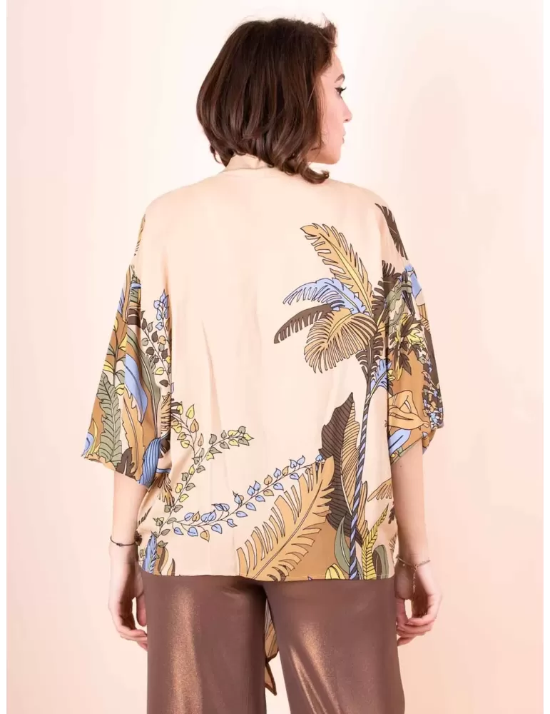 Maesta Milano beige silk pull-on kimono shirt with ribbon