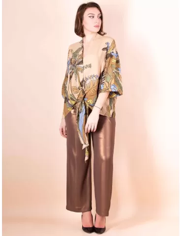 Maesta Milano beige silk pull-on kimono shirt with ribbon 2