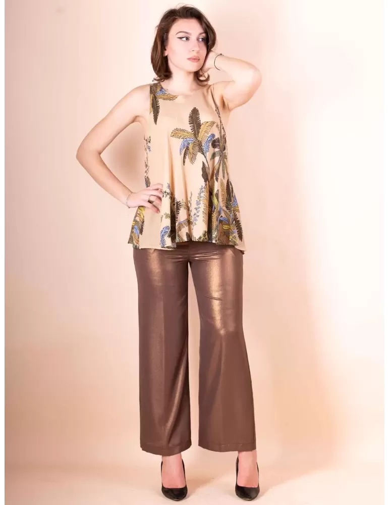 Maesta Milano beige and blue silk long blouse sleeveless top