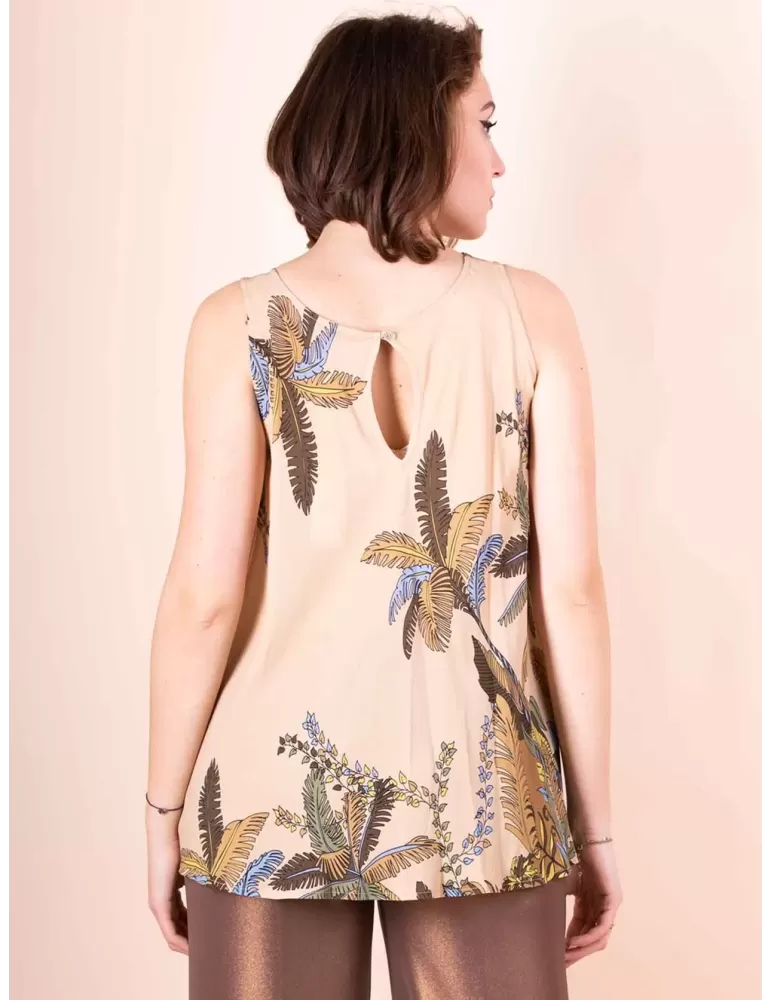 Maesta Milano beige and blue silk long blouse sleeveless top