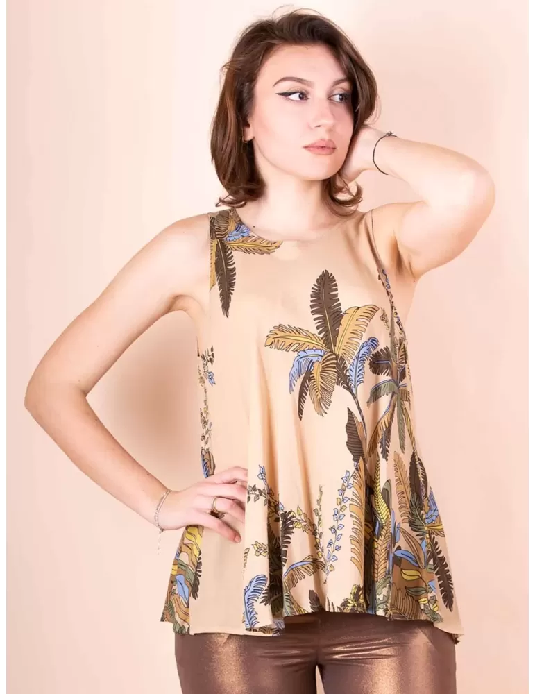Maesta Milano beige and blue silk long blouse sleeveless top Maesta Milano beige and blue silk long blouse sleeveless top