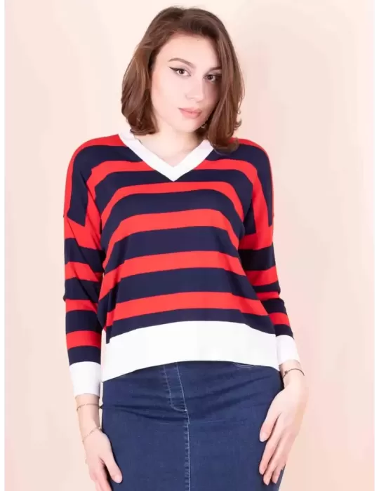 Volpato finest Italian knitwear | Red blue striped pullover spring sweater Volpato finest Italian knitwear | Red blue striped pullover spring sweater
