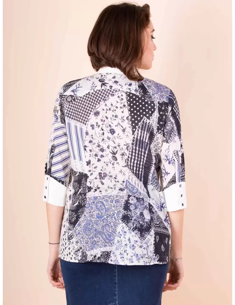 Fuego Woman white and blue patchwort print cotton shirt
