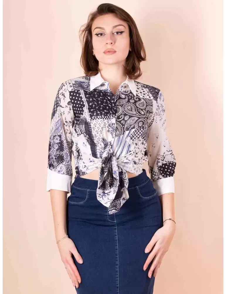 Fuego Woman | Camicia cotone bianco e blu patchwork fino taglia 54 Fuego Woman | Camicia cotone bianco e blu patchwork fino taglia 54