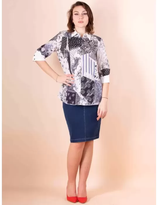 Fuego Woman | Camicia cotone bianco e blu patchwork fino taglia 54