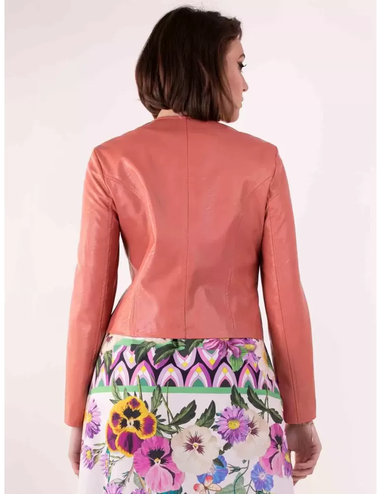 Rubamori Milano | Plus size pink faux leather roundneck jacket