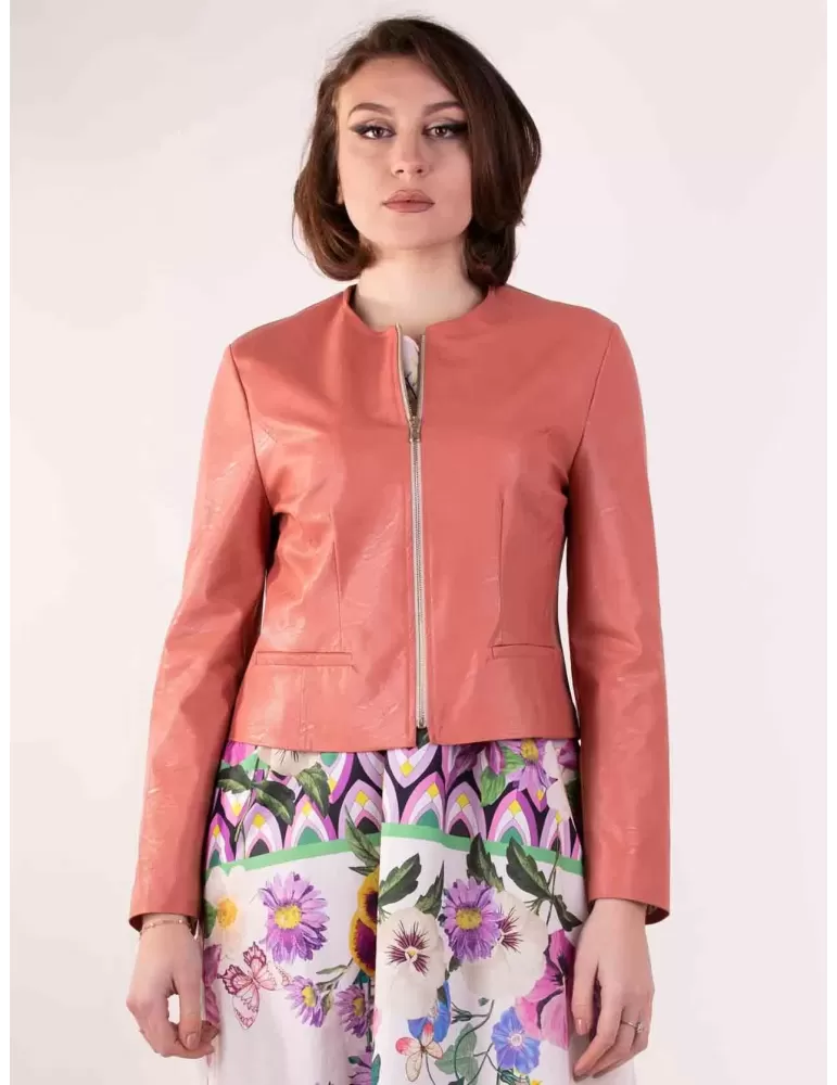 Giacca rosa salmone blazer con zip in eco pelle Rubamori fino alla 3XL Giacca rosa salmone blazer con zip in eco pelle Rubamori fino alla 3XL