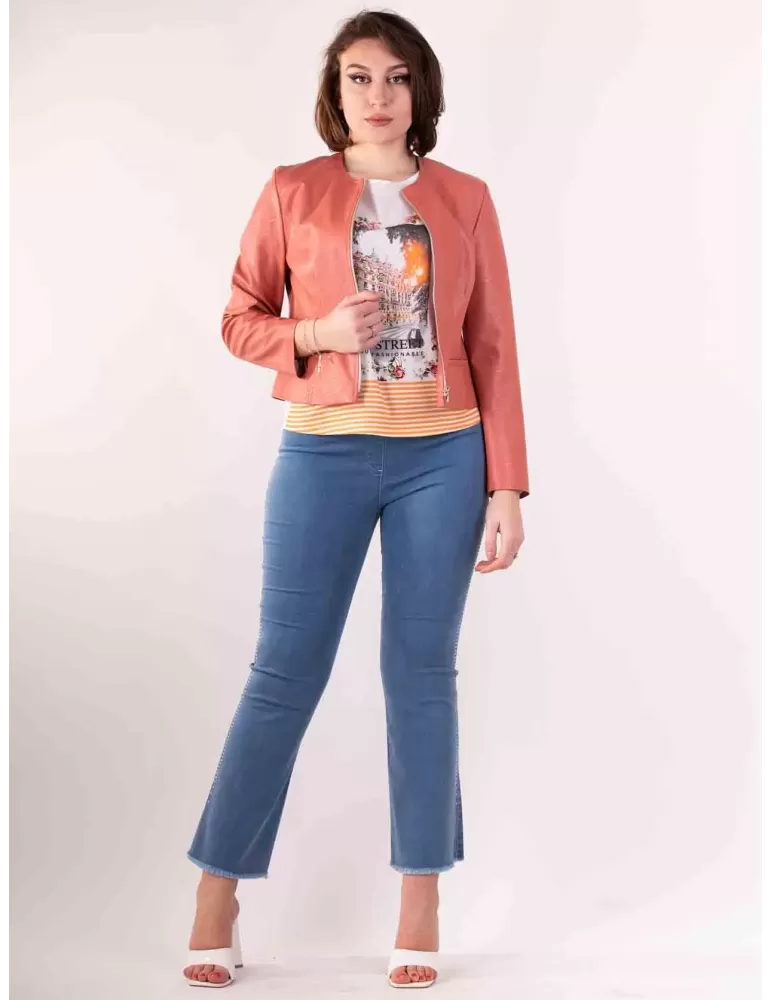 Giacca rosa salmone blazer con zip in eco pelle Rubamori fino alla 3XL
