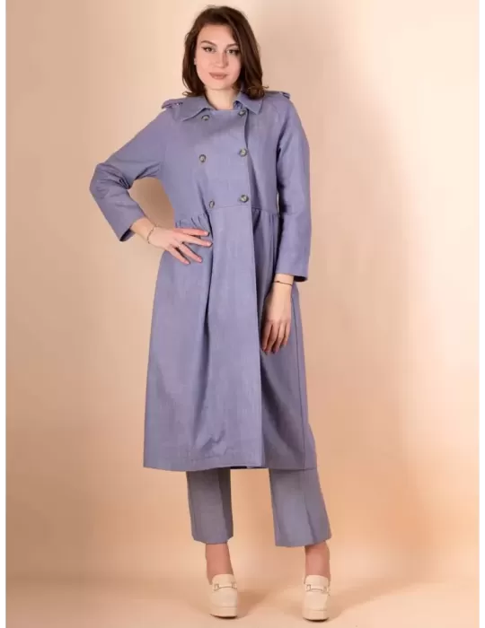 Maesta Milano | Pantaloni a zampa cotone denim celeste con spolverino