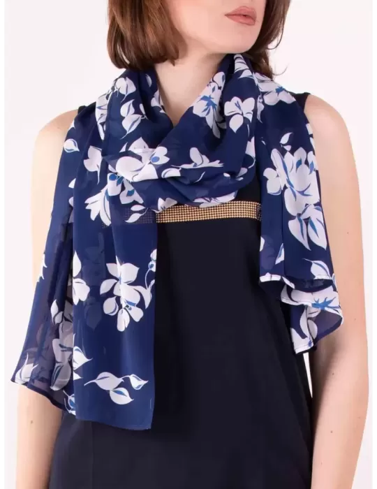 Francesca Mercuriali 2023 | Sciarpa blu chiffon fantasia fiori bianchi Francesca Mercuriali 2023 | Sciarpa blu chiffon fantasia fiori bianchi