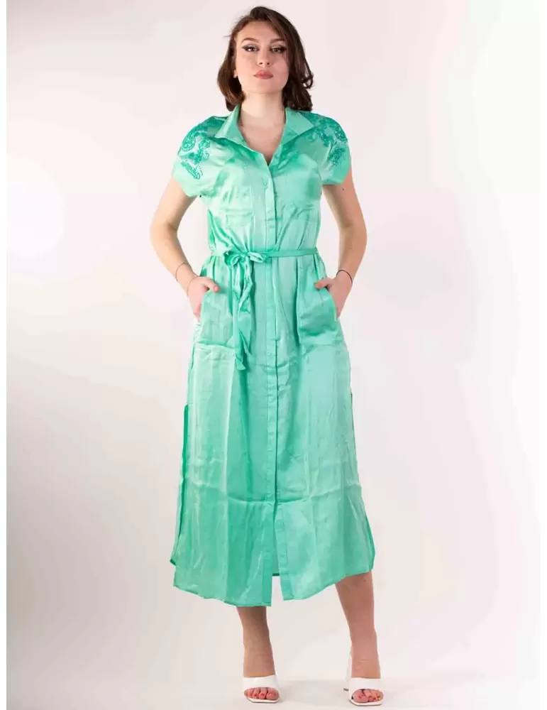 Fuego Woman green open long polo dress with belt Fuego Woman green open long polo dress with belt