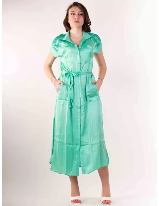 Fuego Woman online | Abito lungo verde aperto con ricami fino alla 54 Fuego Woman online | Abito lungo verde aperto con ricami fino alla 54