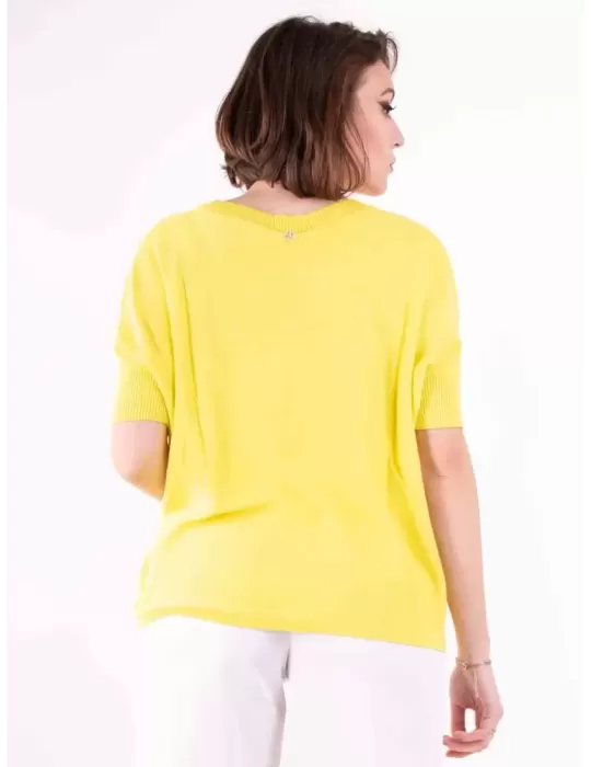 Pullover kimono maglia cotone giallo lime con paillettes fino tg 52