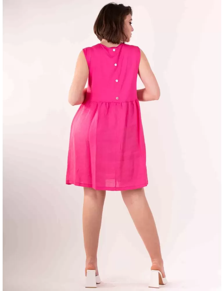 Abito prendisole fucsia con gonna arricciata in lino | Rubamori online