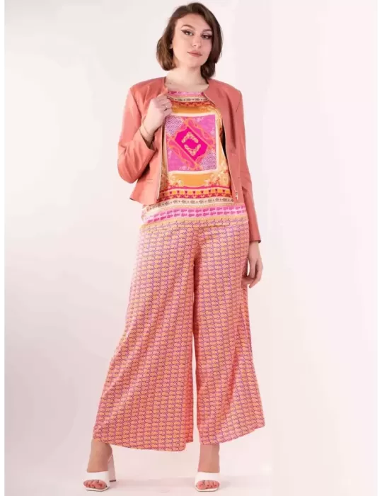 Frida Madè fuchsia and orange printed silk wide trousers