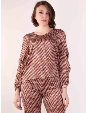Frida Madè online | Blusa raso fantasia geometrica sul marrone