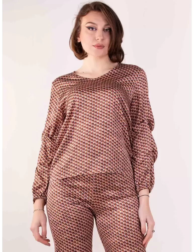 Frida Madè 2023 | Brown micro printed silk satin blouse shirt Frida Madè 2023 | Brown micro printed silk satin blouse shirt