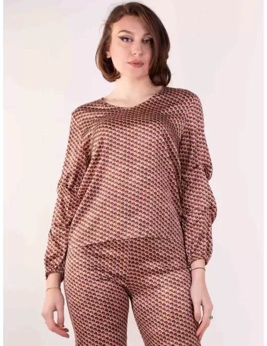 Frida Madè 2023 | Brown micro printed silk satin blouse shirt Frida Madè 2023 | Brown micro printed silk satin blouse shirt