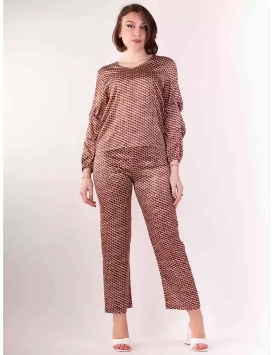 Frida Madè brown micro printed silk pull-on cigarette trousers