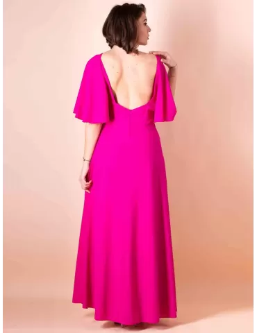 Casting fuchsia low back long dress front split golden belt 2