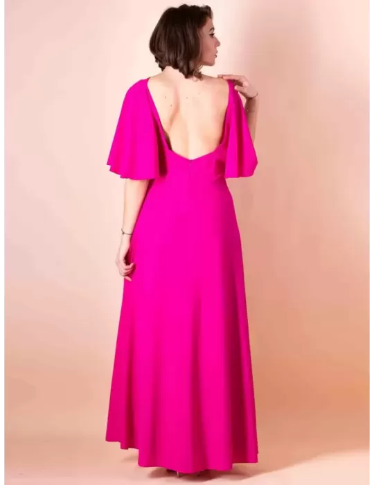 Casting fuchsia low back long dress front split golden belt