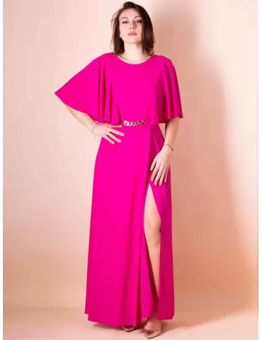 Casting fuchsia low back long dress front split golden belt