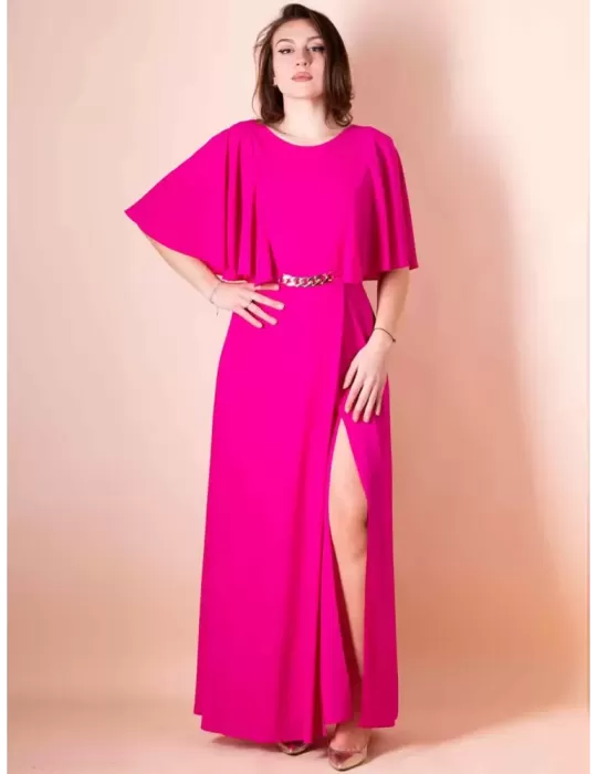 Casting fuchsia low back long dress front split golden belt Casting fuchsia low back long dress front split golden belt