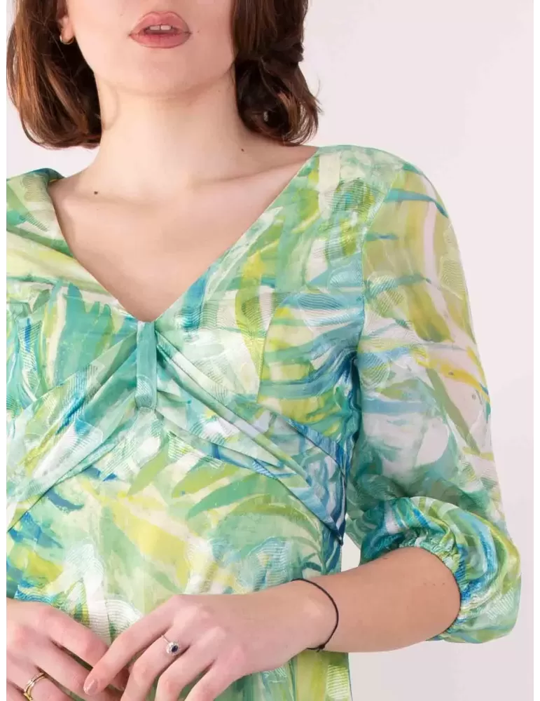 Casting green and turquoise sleeves floral silk midi dress
