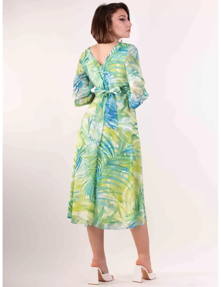 Casting green and turquoise sleeves floral silk midi dress