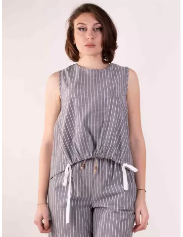 Volpato online | Canotta blusa di cotone grigio gessato bianco