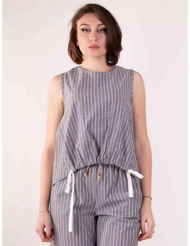 Volpato Italy melange grey pinstriped cotton top shirt Volpato Italy melange grey pinstriped cotton top shirt