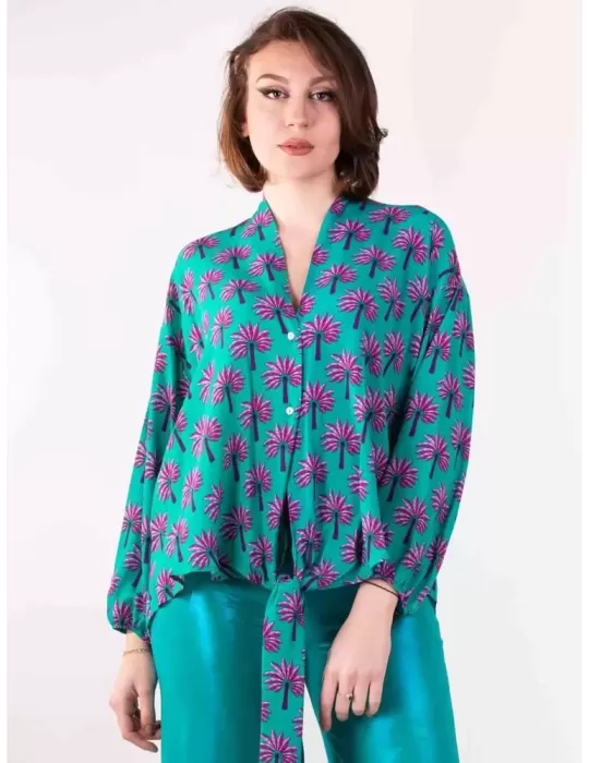 Maesta Milano online | Camicia verde tiffany fantasia fucsia con nodo Maesta Milano online | Camicia verde tiffany fantasia fucsia con nodo