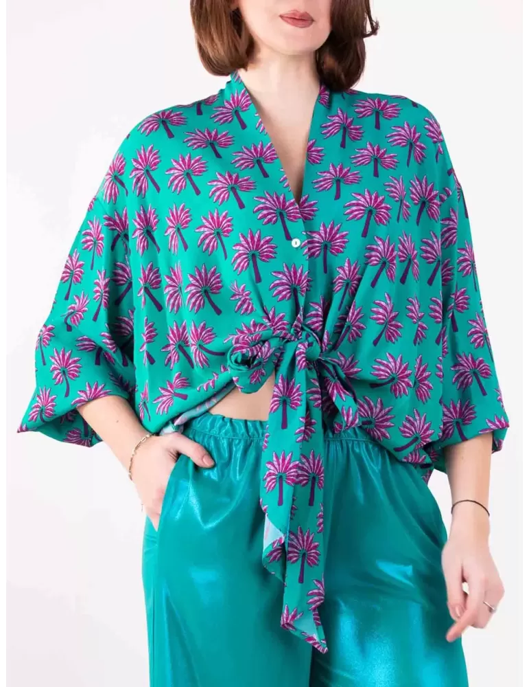 Maesta Milano green and fuchsia silk shirt with knot