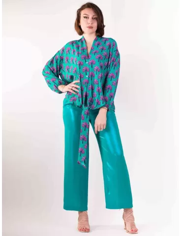 Maesta Milano Italy | Emerald green silk pull-on kimono shirt with scarf 2
