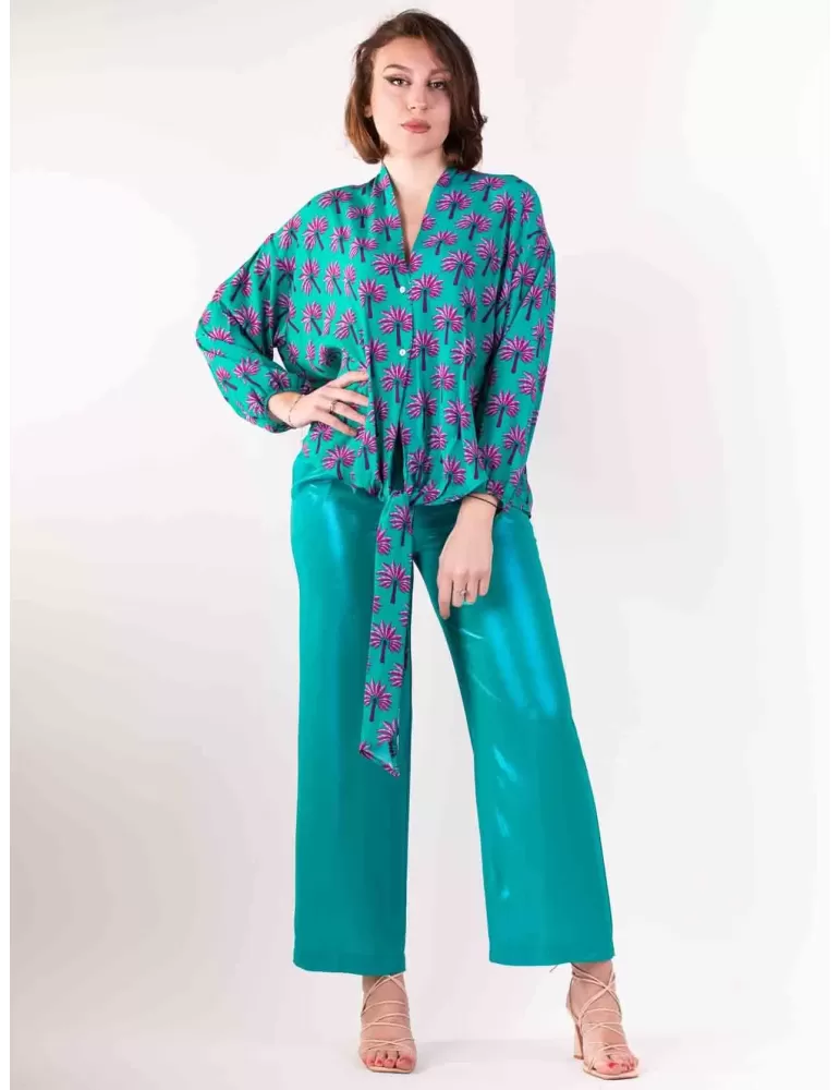 Maesta Milano Italy | Emerald green silk pull-on kimono shirt with scarf