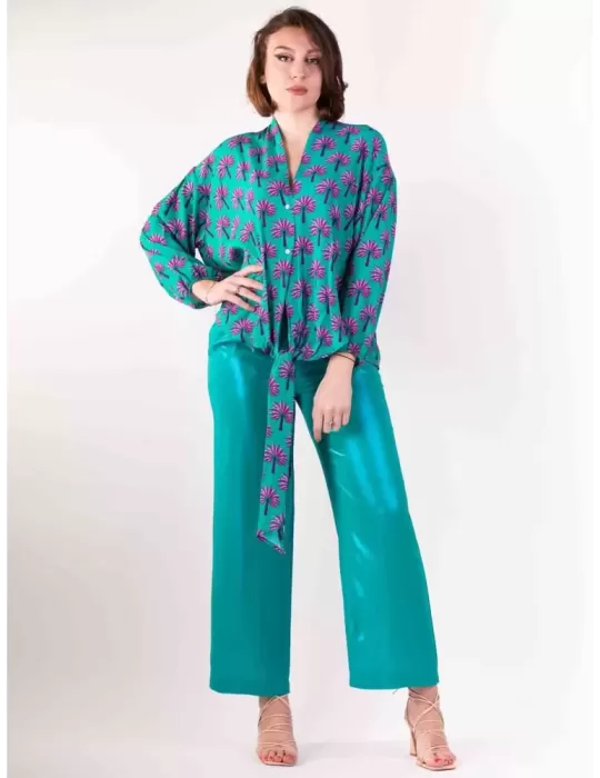 Maesta Milano online | Camicia verde tiffany fantasia fucsia con nodo