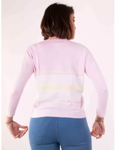 Riva Tricot Nibionno | Maglia a V pullover rosa righe bianche e gialle 2