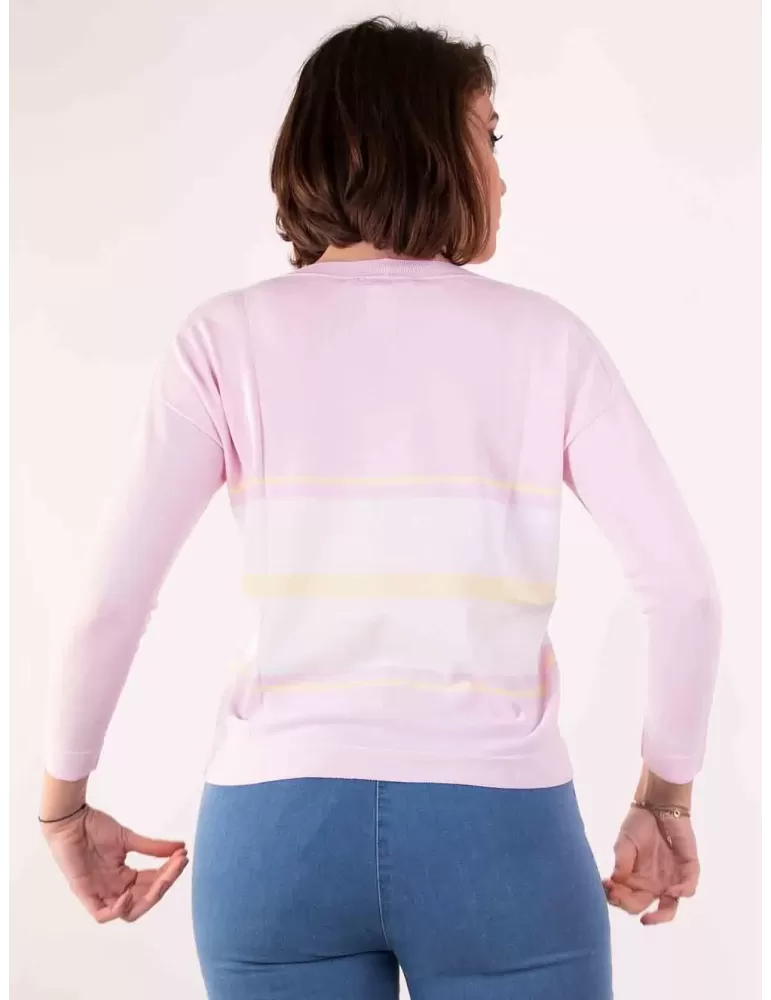 Riva Tricot Nibionno | Maglia a V pullover rosa righe bianche e gialle