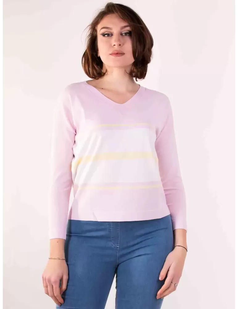 Riva Tricot Nibionno | Maglia a V pullover rosa righe bianche e gialle Riva Tricot Nibionno | Maglia a V pullover rosa righe bianche e gialle