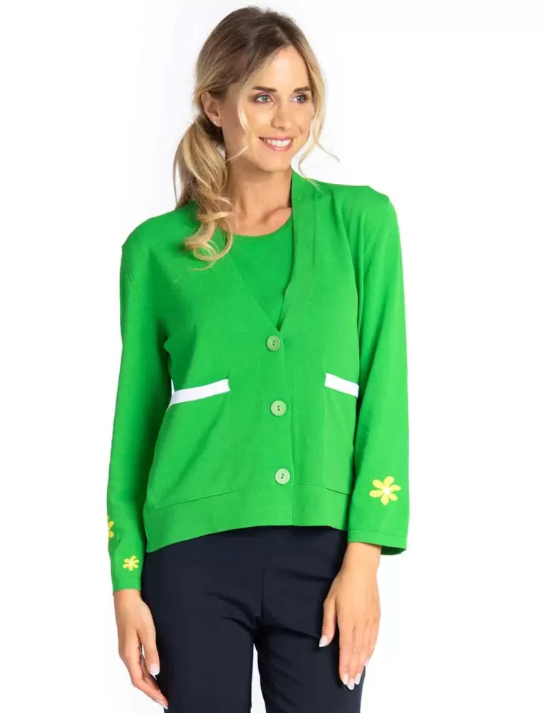 Volpato Italy | Green knitted cardigan yellow flowers jacquard work Volpato Italy | Green knitted cardigan yellow flowers jacquard work