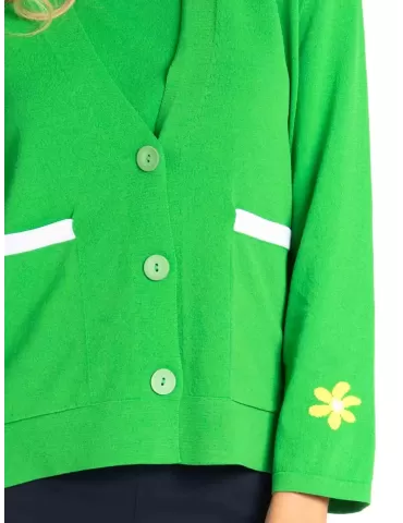 Volpato Italy | Green knitted cardigan yellow flowers jacquard work 2