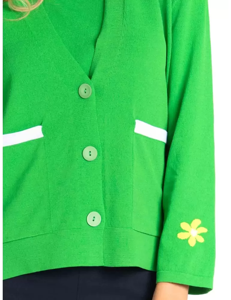 Volpato Italy | Green knitted cardigan yellow flowers jacquard work