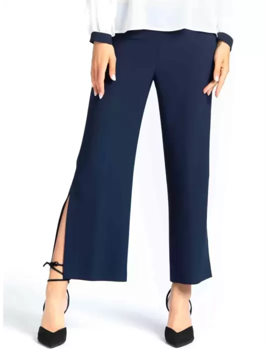 Volpato Glam | Pantaloni palazzo con spacco laterale in cady blu
