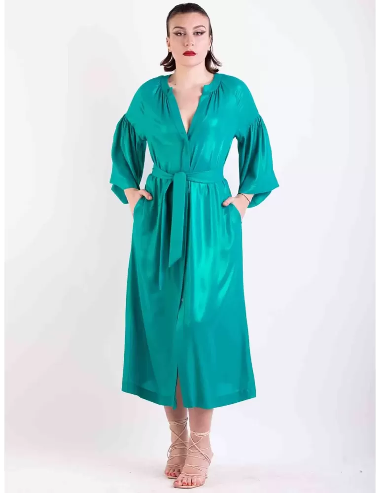 Maesta Glam | Oversized emerald green iridescent blue silk long dress