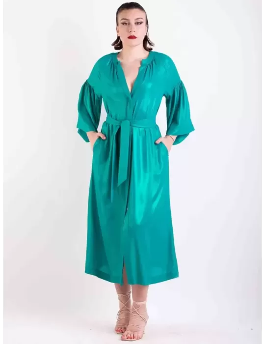 Maesta Glam | Oversized emerald green iridescent blue silk long dress