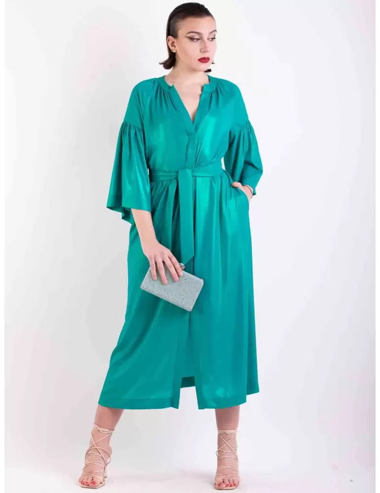 Maesta Glam | Oversized emerald green iridescent blue silk long dress