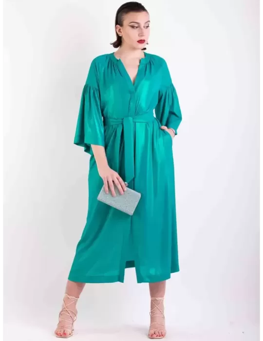 Maesta Glam | Oversized emerald green iridescent blue silk long dress